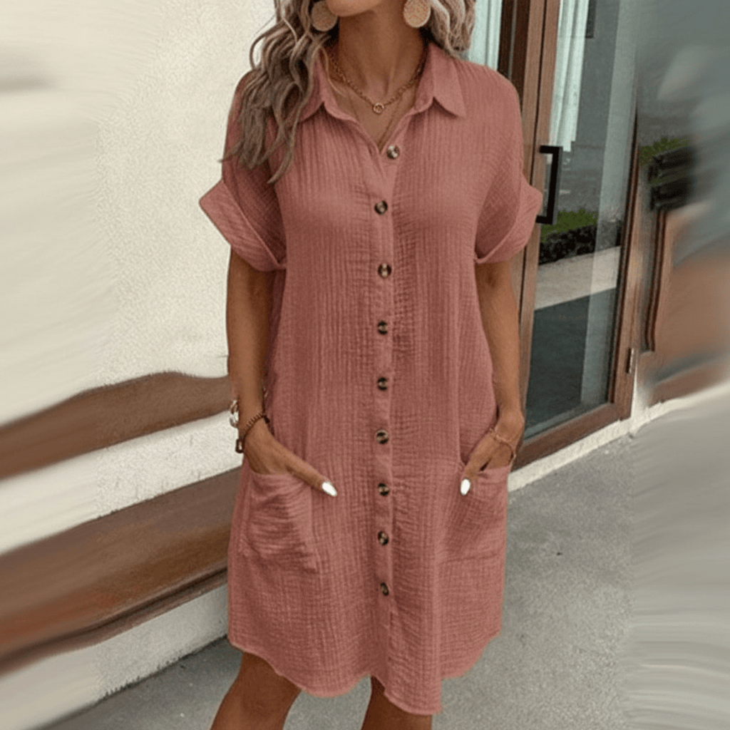 Stylub Damesknoopjes Kort mouw Pocket Casual shirt jurk
