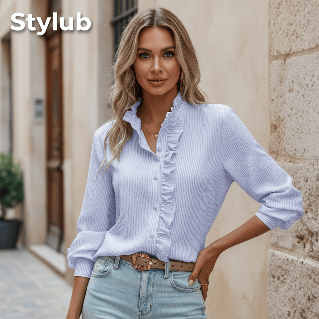 Stylub Ruffle Trim Button-Down Blouse — Long Sleeve Stand Collar Top