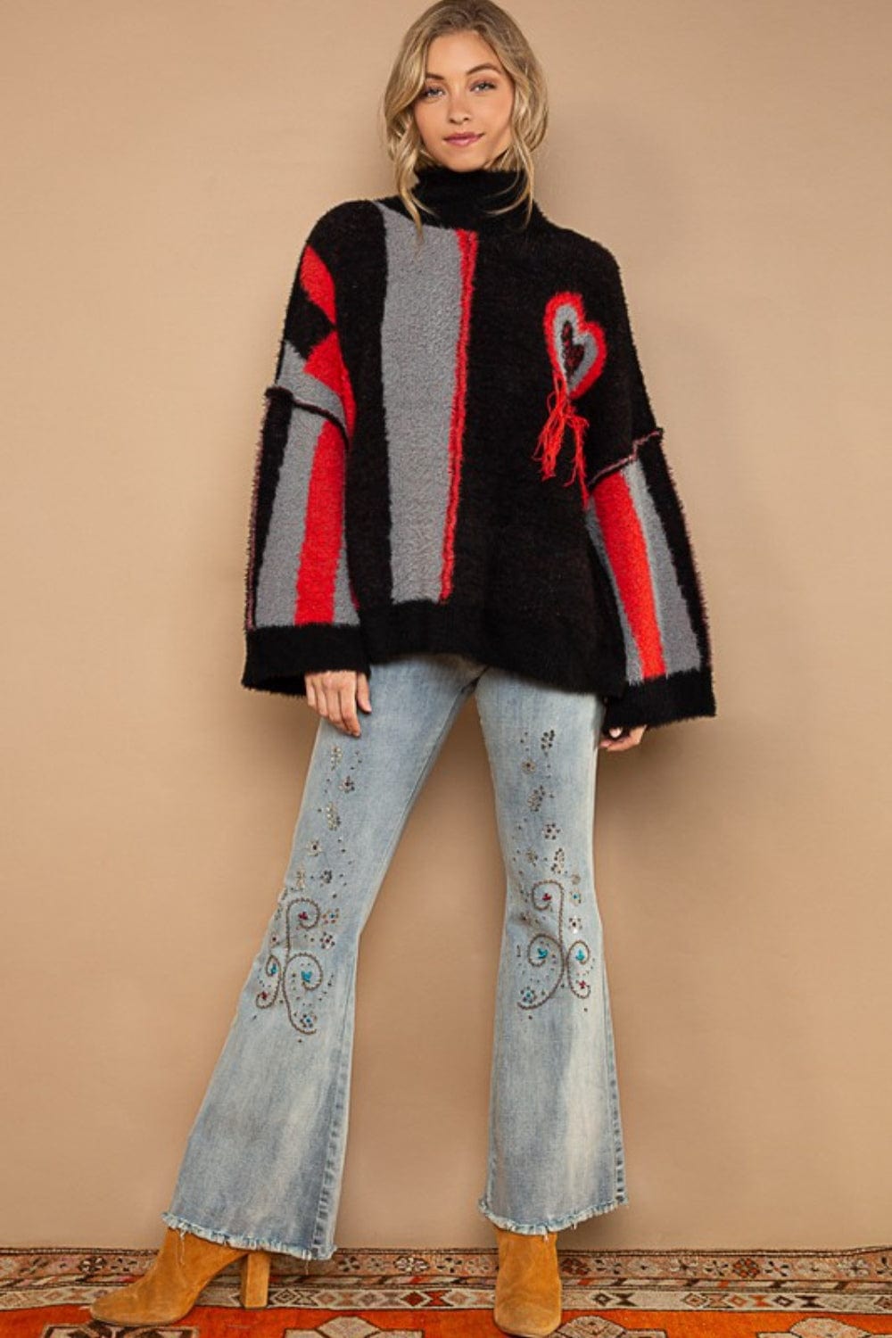 Trendsi POL Turtleneck Color Block Fringe Detail Sweater