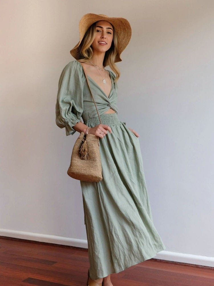 stylub Aviana - Elegant Reversible Puff Sleeve Maxi Dress