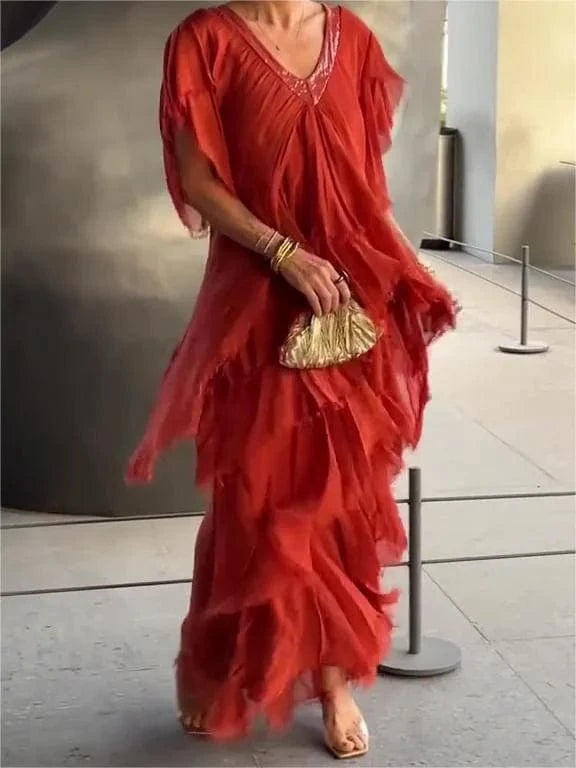 stylub Blaise - Ruffled Short Sleeves V-Neck Maxi Dress