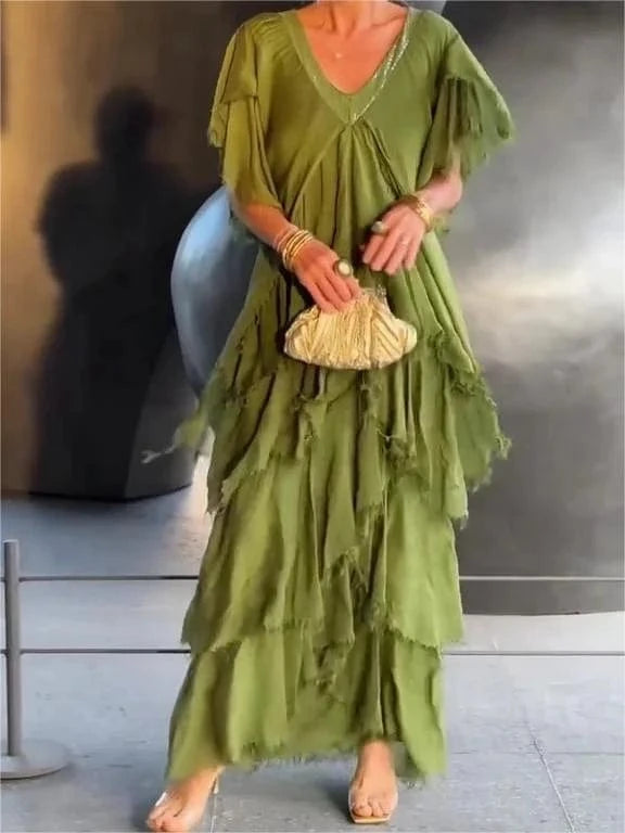 stylub Blaise - Ruffled Short Sleeves V-Neck Maxi Dress