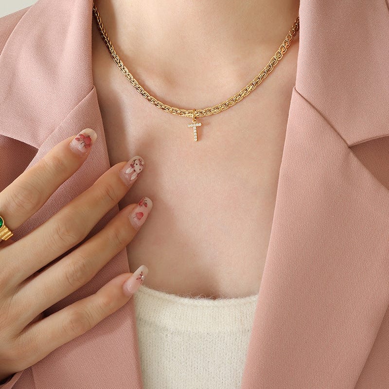 stylub Brass Inlaid Zircon Letter Pendant Necklace