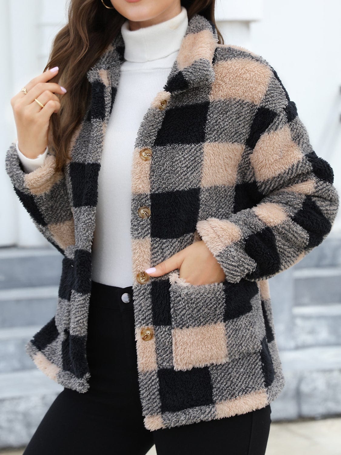 stylub Button Up Drop Shoulder Fuzzy Jacket