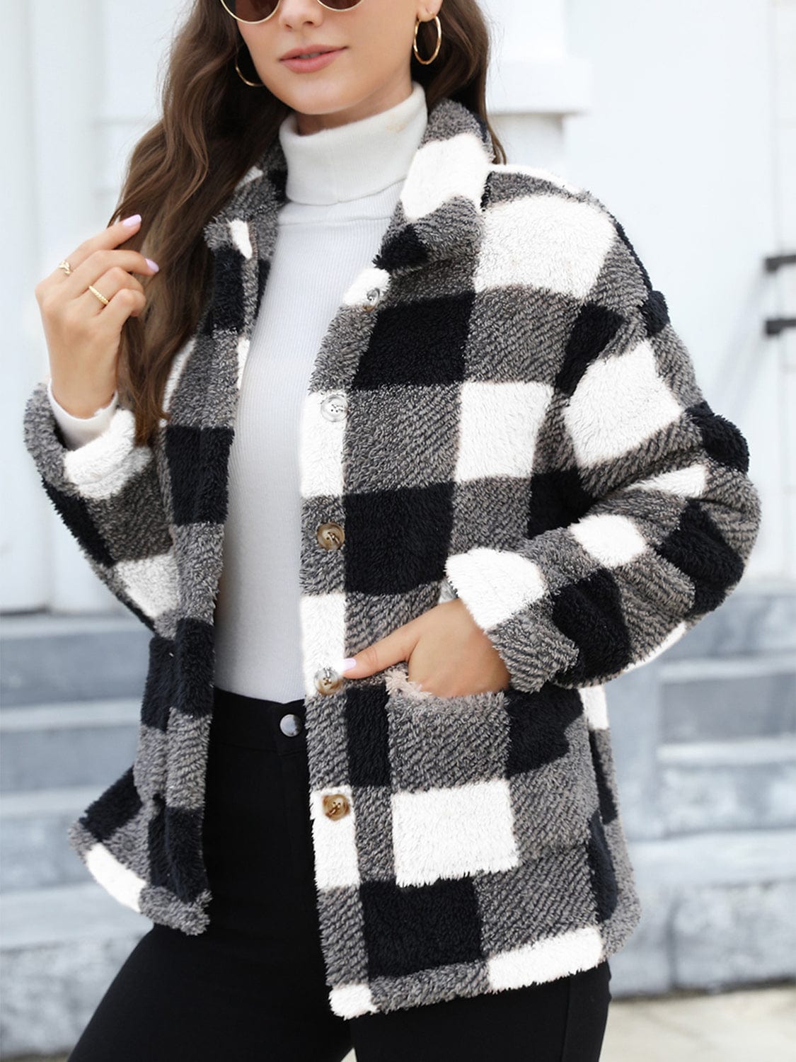 stylub Button Up Drop Shoulder Fuzzy Jacket