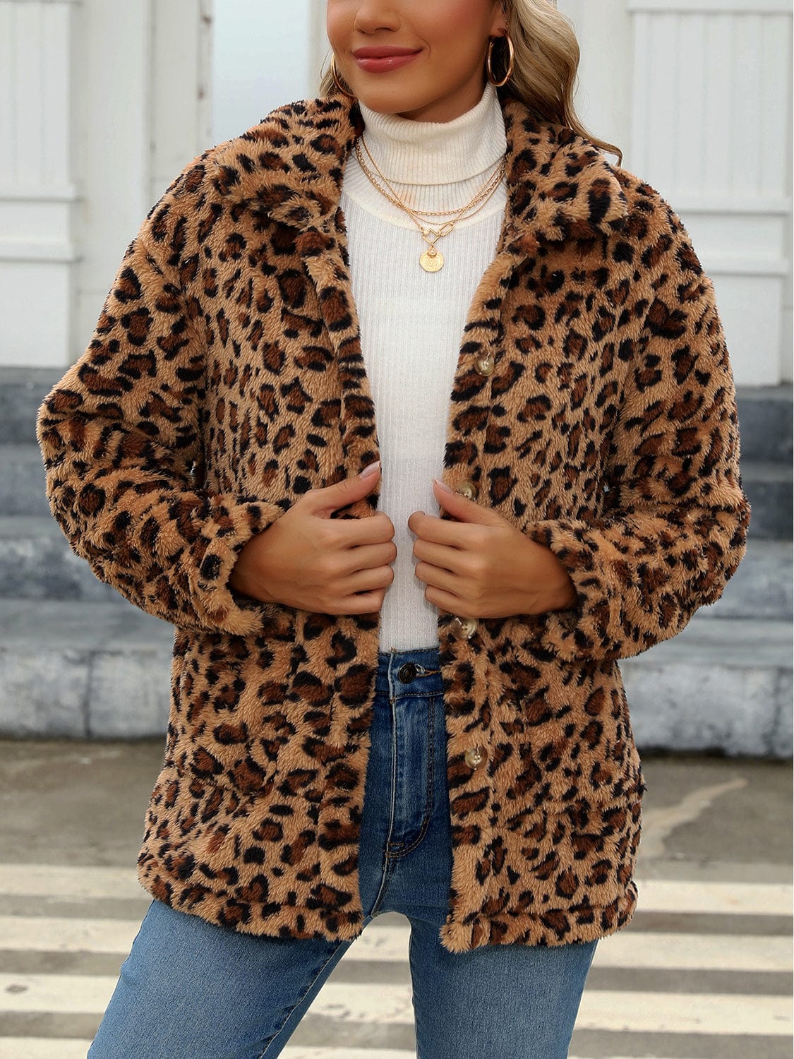 stylub Button Up Drop Shoulder Fuzzy Jacket
