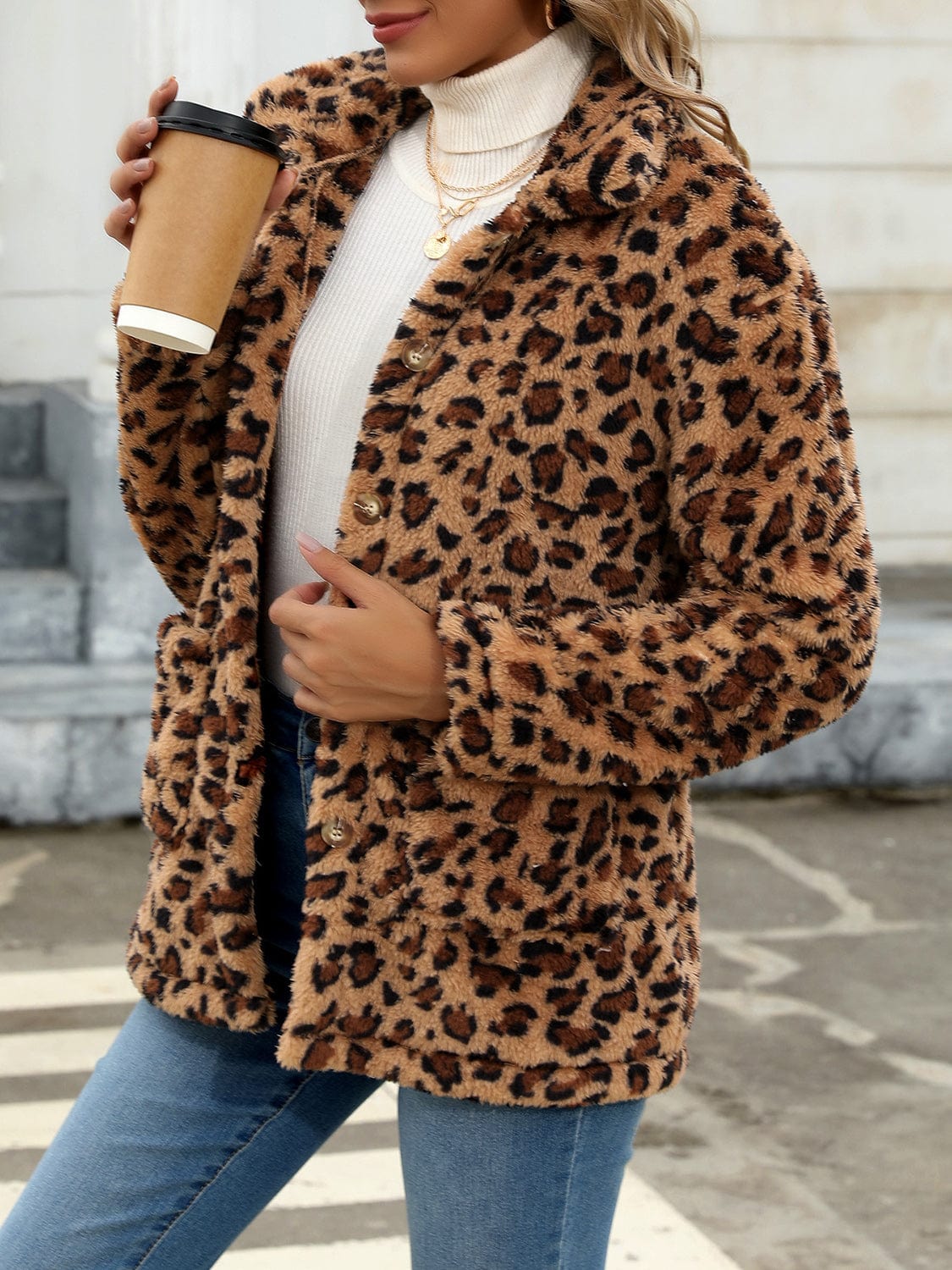 stylub Button Up Drop Shoulder Fuzzy Jacket