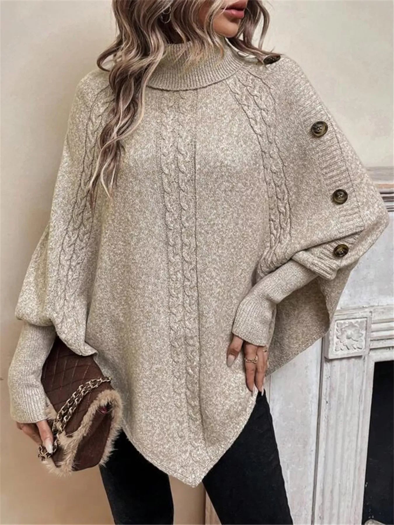 Stylub Cable Knit Turtleneck Cape Sweater