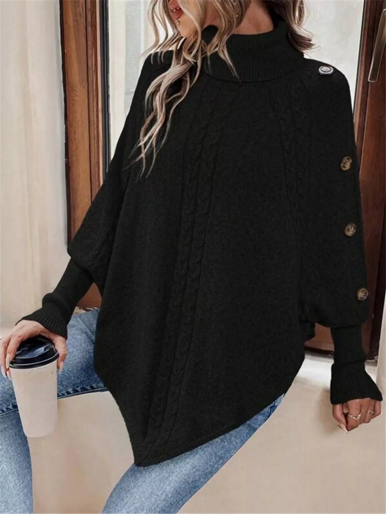 Stylub Cable Knit Turtleneck Cape Sweater