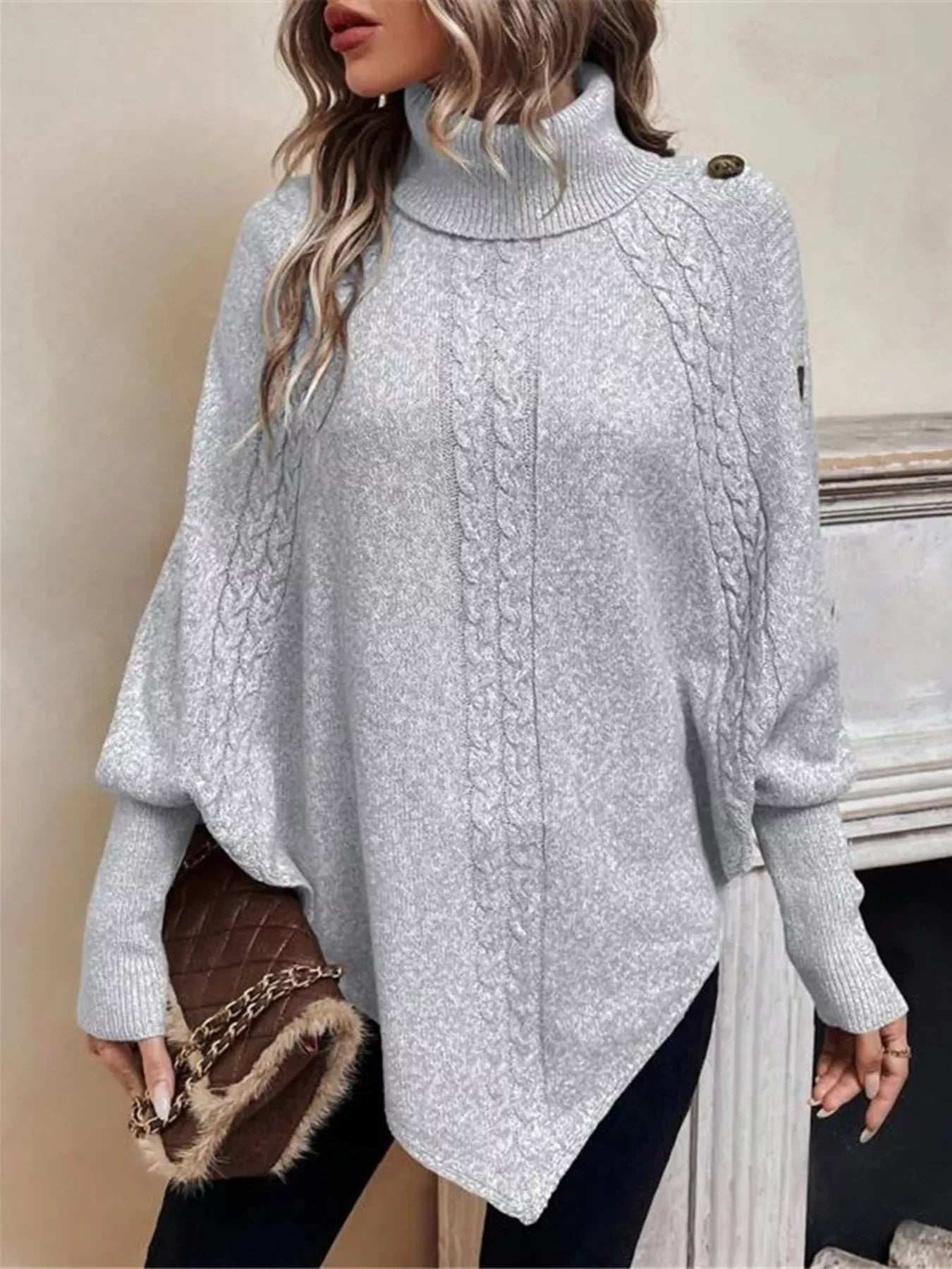 Stylub Cable Knit Turtleneck Cape Sweater