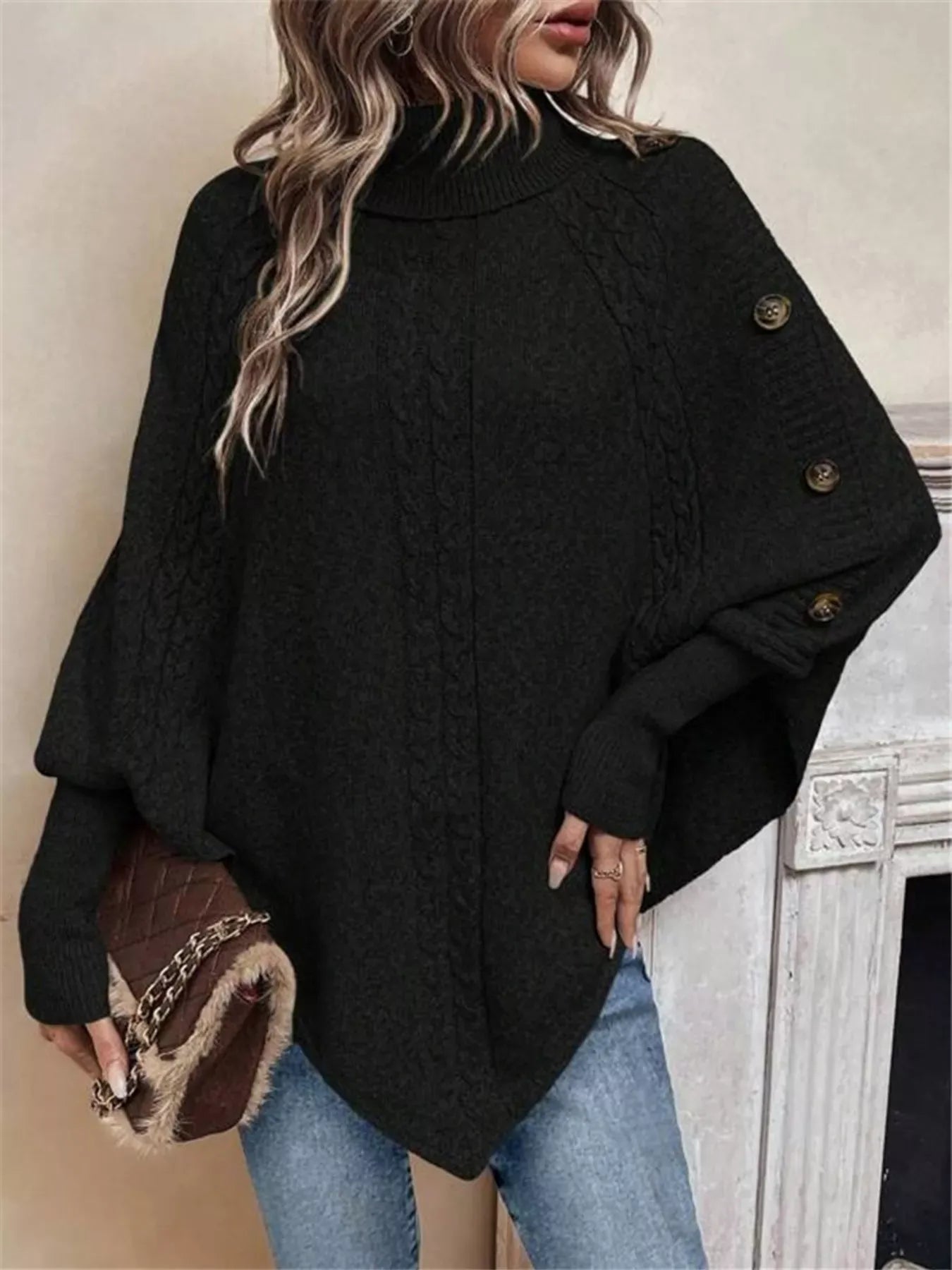 Stylub Cable Knit Turtleneck Cape Sweater