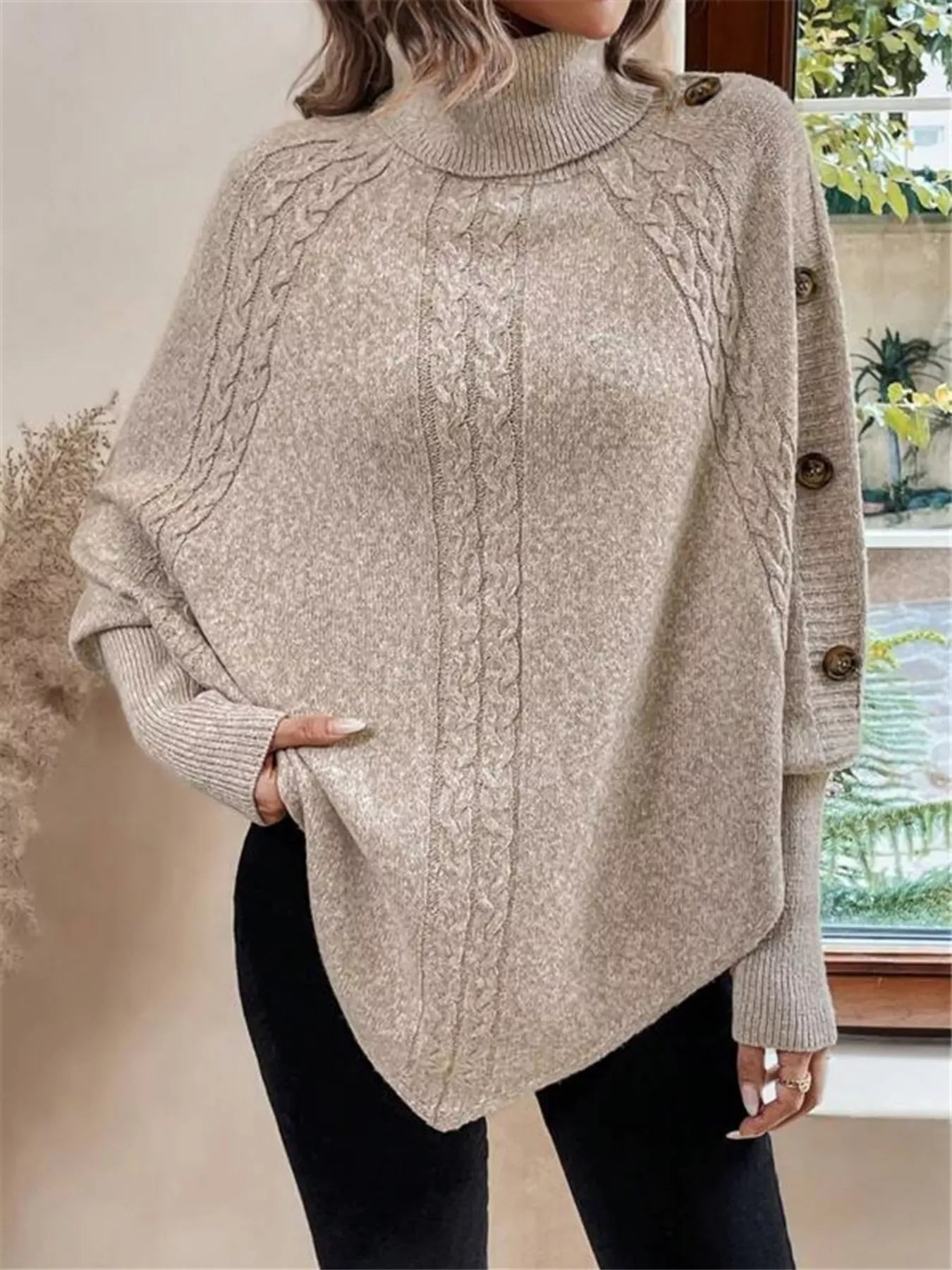 Stylub Cable Knit Turtleneck Cape Sweater