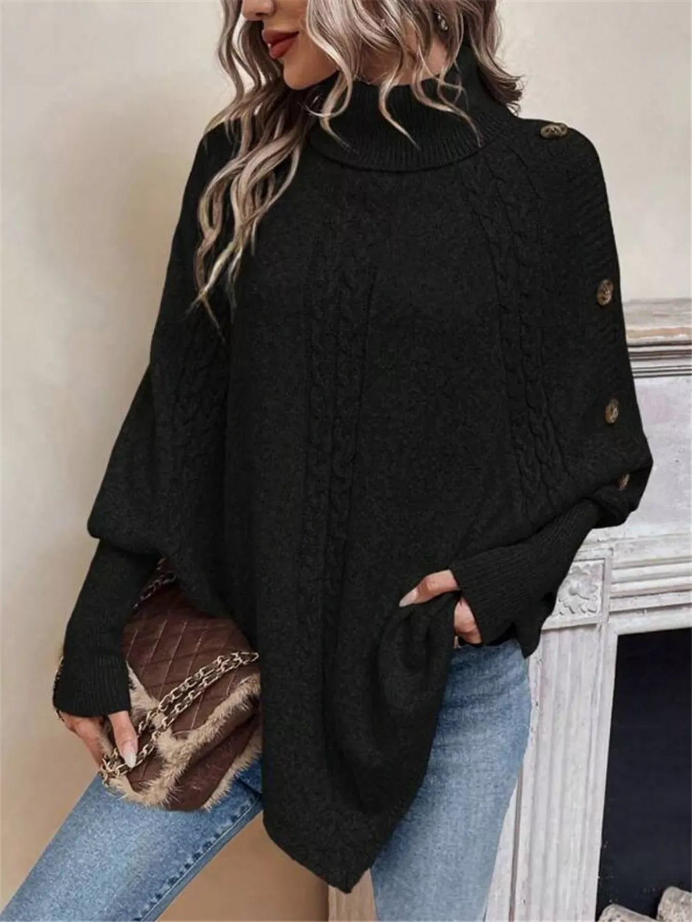 Stylub Cable Knit Turtleneck Cape Sweater