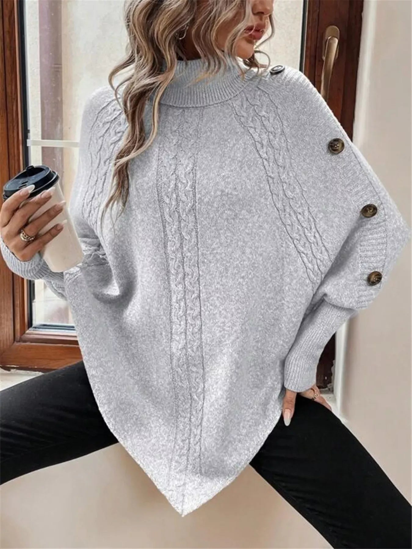 Stylub Cable Knit Turtleneck Cape Sweater