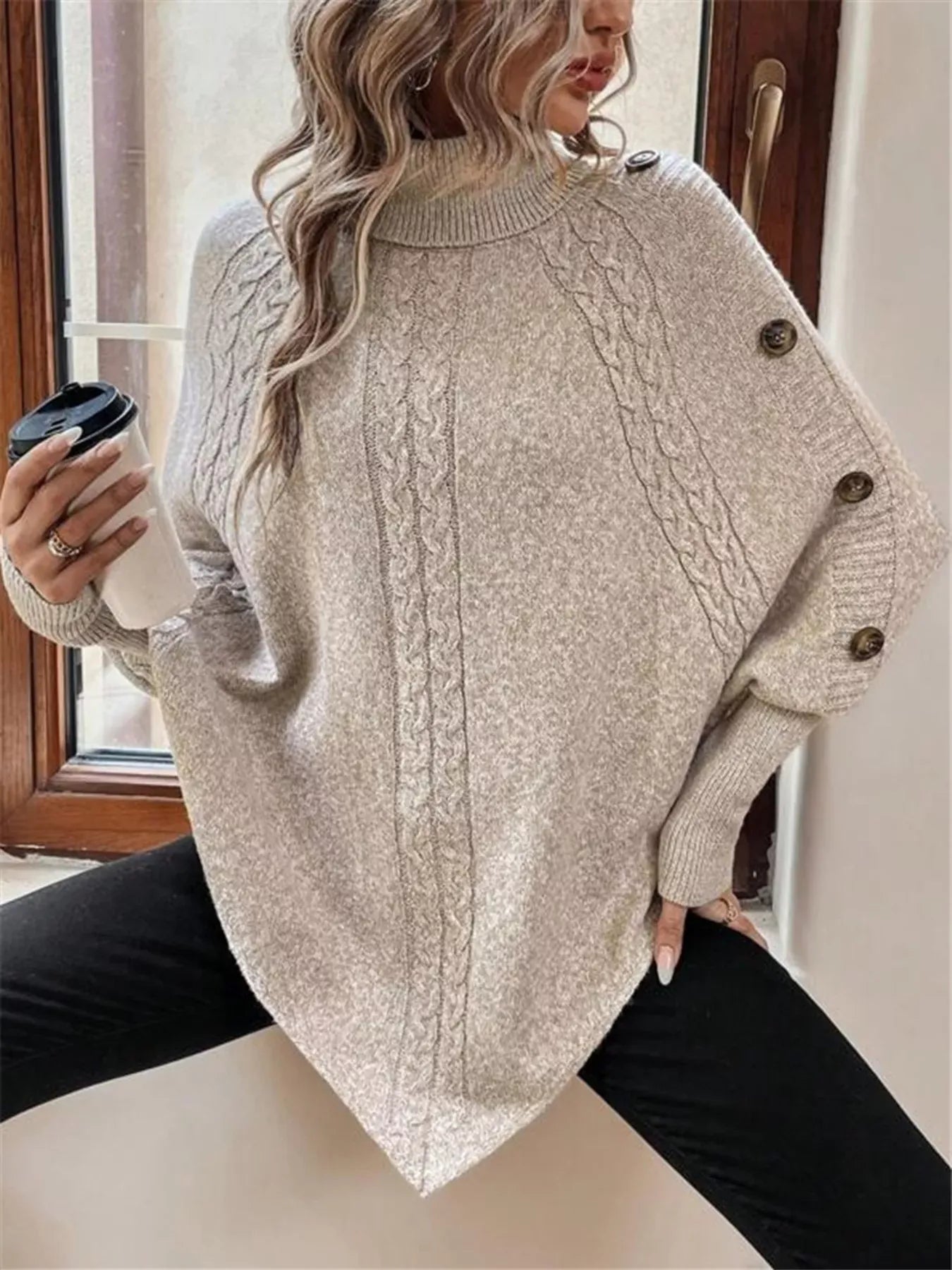 Stylub Cable Knit Turtleneck Cape Sweater