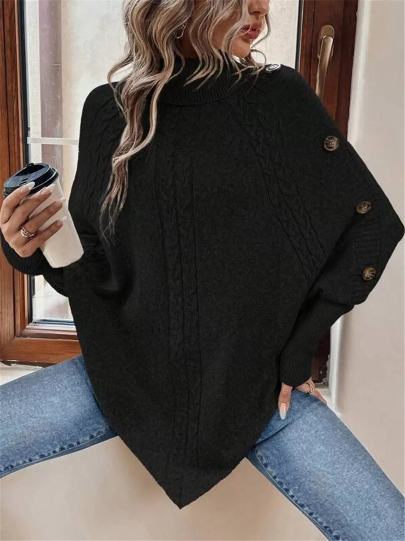 Stylub Cable Knit Turtleneck Cape Sweater