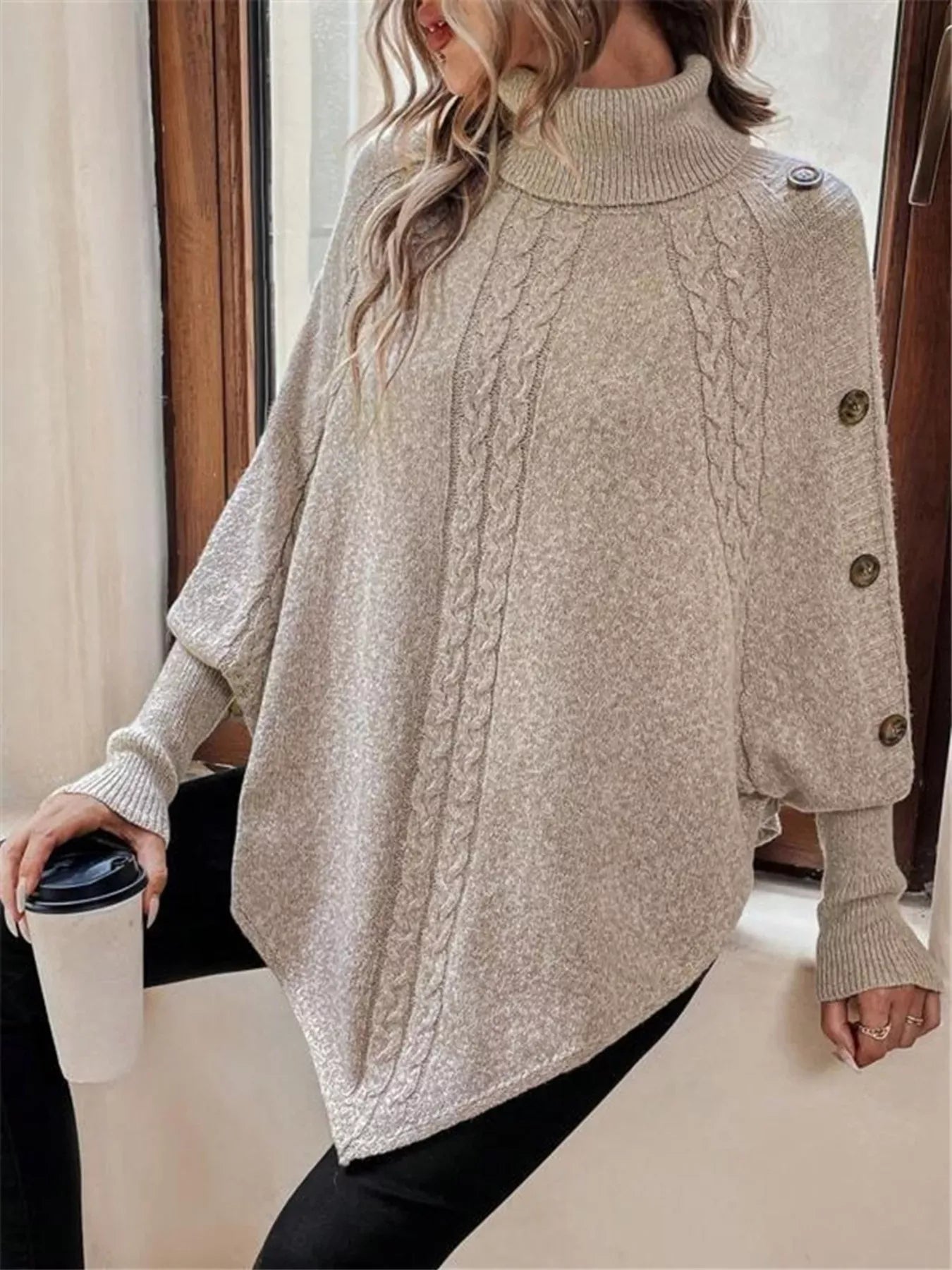 Stylub Cable Knit Turtleneck Cape Sweater