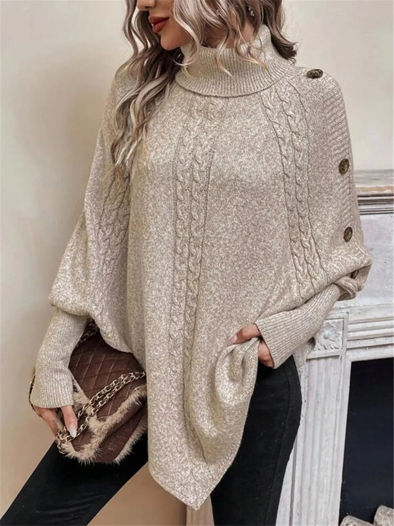 Stylub Cable Knit Turtleneck Cape Sweater