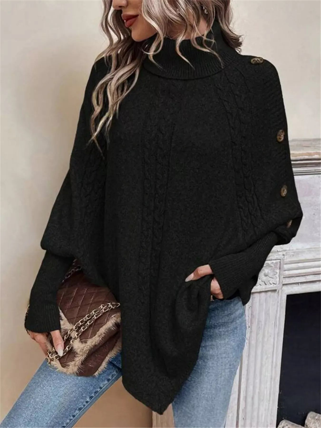 Stylub Cable Knit Turtleneck Cape Sweater