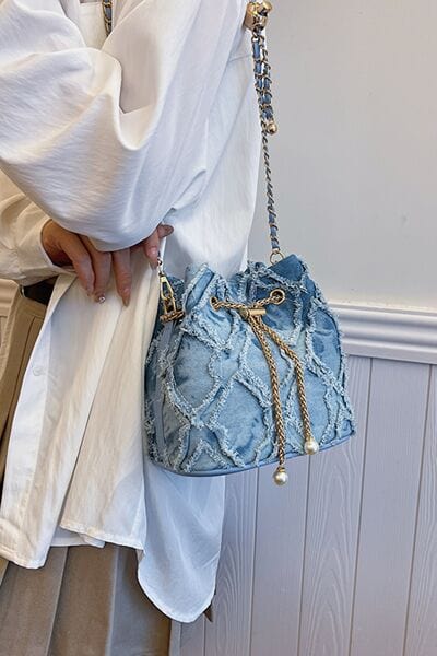 stylub Chain Drawstring Raw Edge Denim Bucket Bag