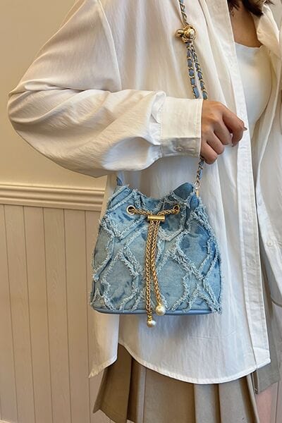 stylub Chain Drawstring Raw Edge Denim Bucket Bag