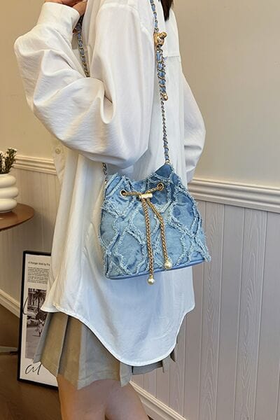 stylub Chain Drawstring Raw Edge Denim Bucket Bag