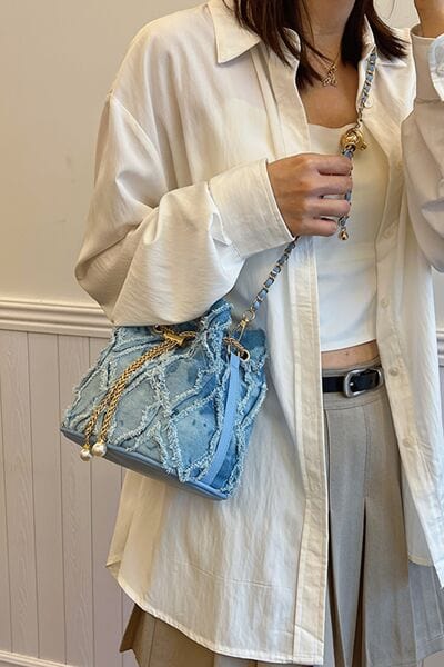 stylub Chain Drawstring Raw Edge Denim Bucket Bag