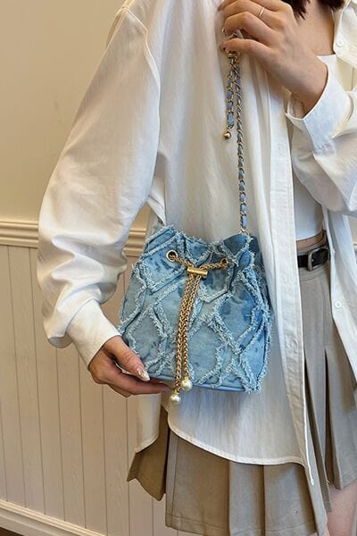 stylub Chain Drawstring Raw Edge Denim Bucket Bag