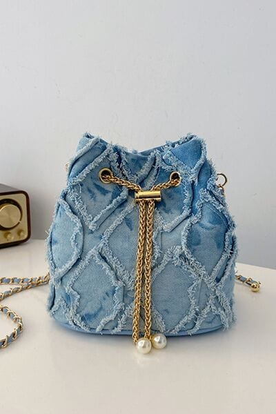stylub Chain Drawstring Raw Edge Denim Bucket Bag