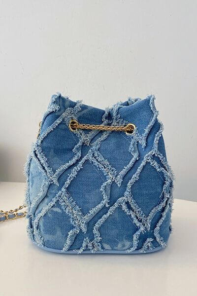stylub Chain Drawstring Raw Edge Denim Bucket Bag