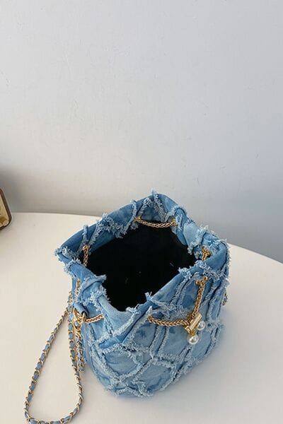 stylub Chain Drawstring Raw Edge Denim Bucket Bag