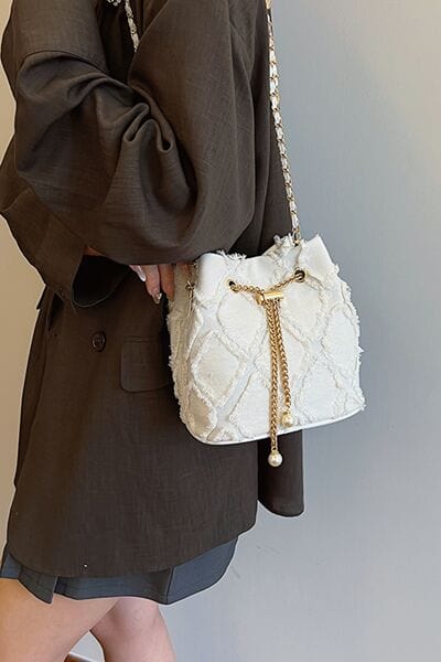 stylub Chain Drawstring Raw Edge Denim Bucket Bag