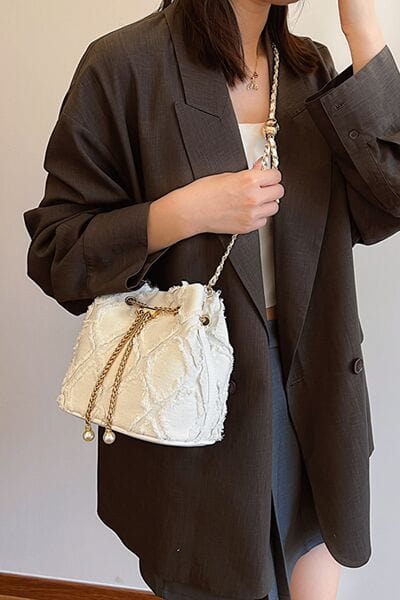 stylub Chain Drawstring Raw Edge Denim Bucket Bag