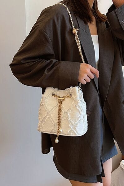 stylub Chain Drawstring Raw Edge Denim Bucket Bag