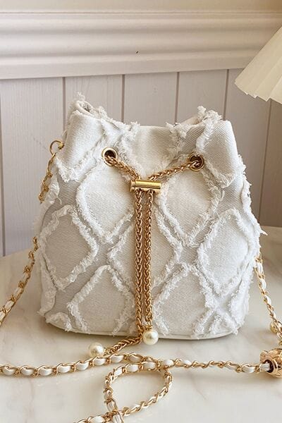 stylub Chain Drawstring Raw Edge Denim Bucket Bag