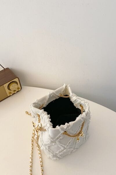 stylub Chain Drawstring Raw Edge Denim Bucket Bag