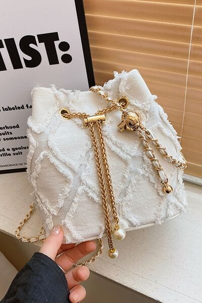 stylub Chain Drawstring Raw Edge Denim Bucket Bag
