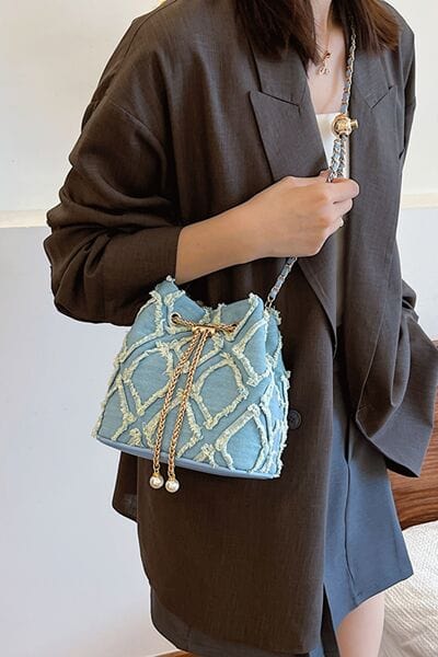 stylub Chain Drawstring Raw Edge Denim Bucket Bag