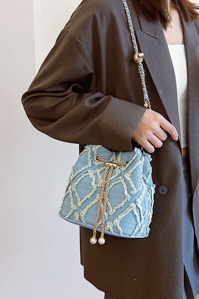 stylub Chain Drawstring Raw Edge Denim Bucket Bag