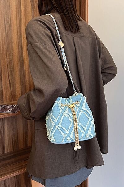 stylub Chain Drawstring Raw Edge Denim Bucket Bag
