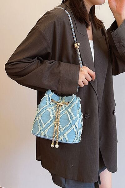 stylub Chain Drawstring Raw Edge Denim Bucket Bag