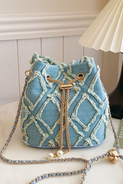 stylub Chain Drawstring Raw Edge Denim Bucket Bag