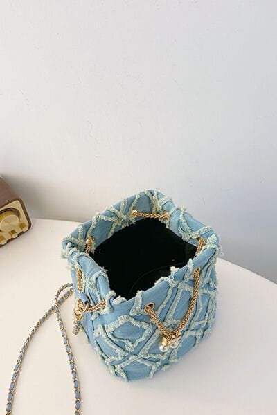 stylub Chain Drawstring Raw Edge Denim Bucket Bag