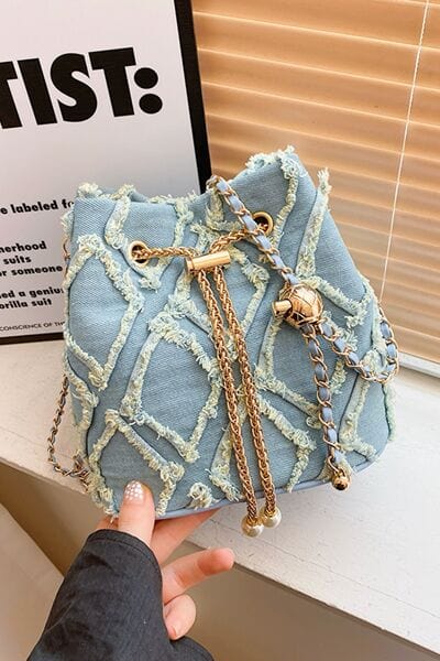 stylub Chain Drawstring Raw Edge Denim Bucket Bag