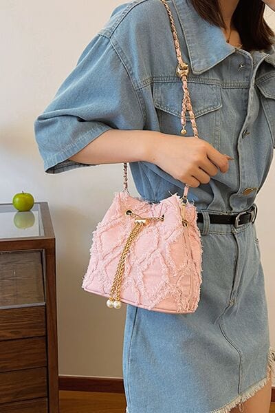 stylub Chain Drawstring Raw Edge Denim Bucket Bag