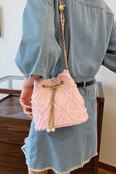 stylub Chain Drawstring Raw Edge Denim Bucket Bag