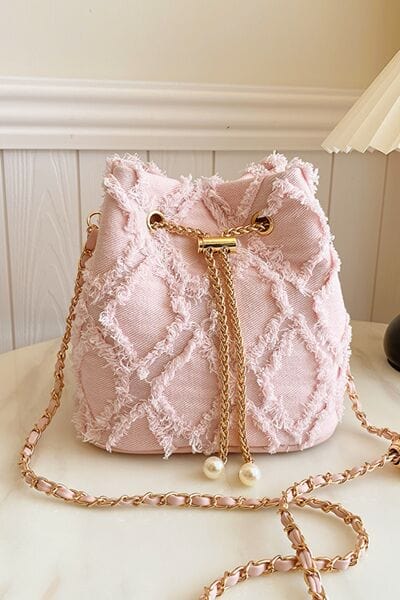stylub Chain Drawstring Raw Edge Denim Bucket Bag