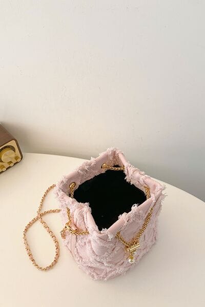 stylub Chain Drawstring Raw Edge Denim Bucket Bag