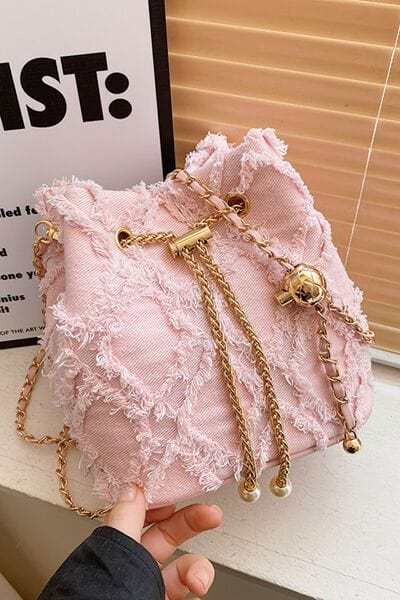 stylub Chain Drawstring Raw Edge Denim Bucket Bag
