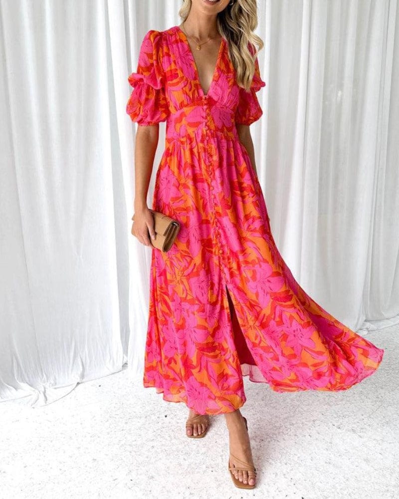 stylub Clara – Elegant V-Neck Puff Sleeve Maxi Dress